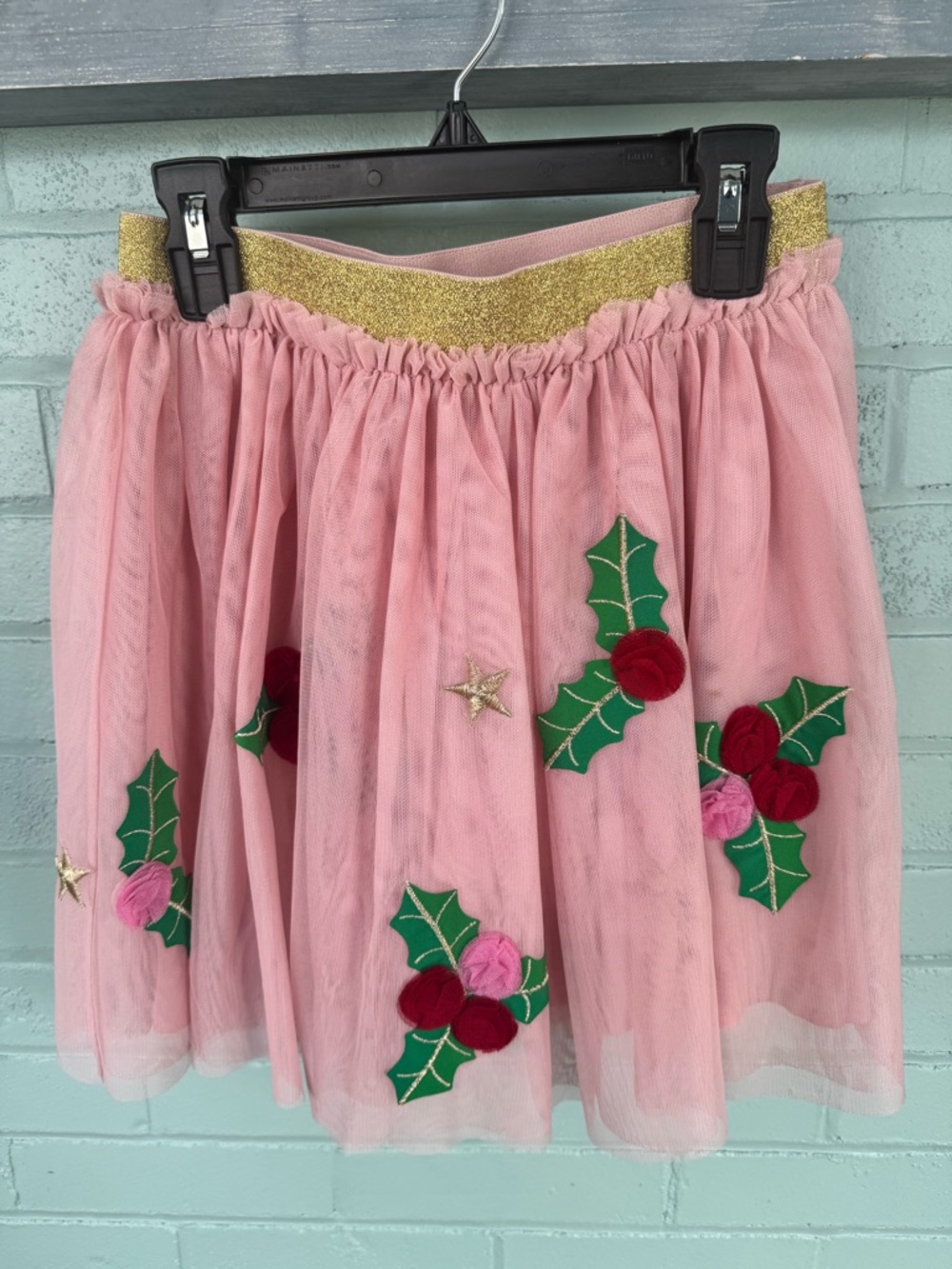 Mini Boden Pink Tulle Skirt with Gold Waistband and Holly Appliqués